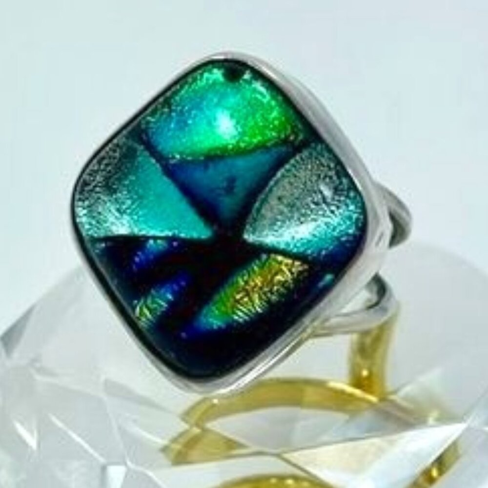 Sterling Silver Dichroic Glass Ring 925 Adjustable Statement Ring